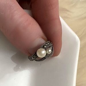Vintage OOAK Bespoke Estate Victorian Marcasite & Freshwater Pearl Wedding Ring